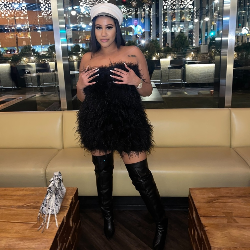 Custom black feathered cocktail dress